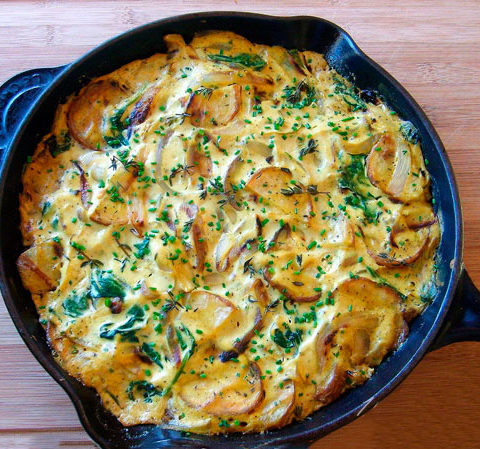 Картофель жареный с яйцами и зеленым луком